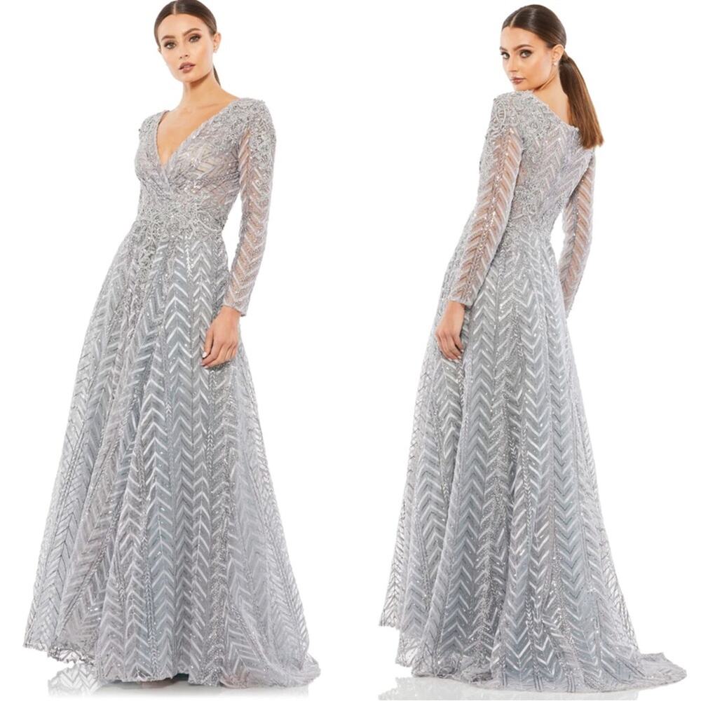Mac Duggal 20189 Embellished Illusion Long Sleeve Wrap Over Gown - NEW
